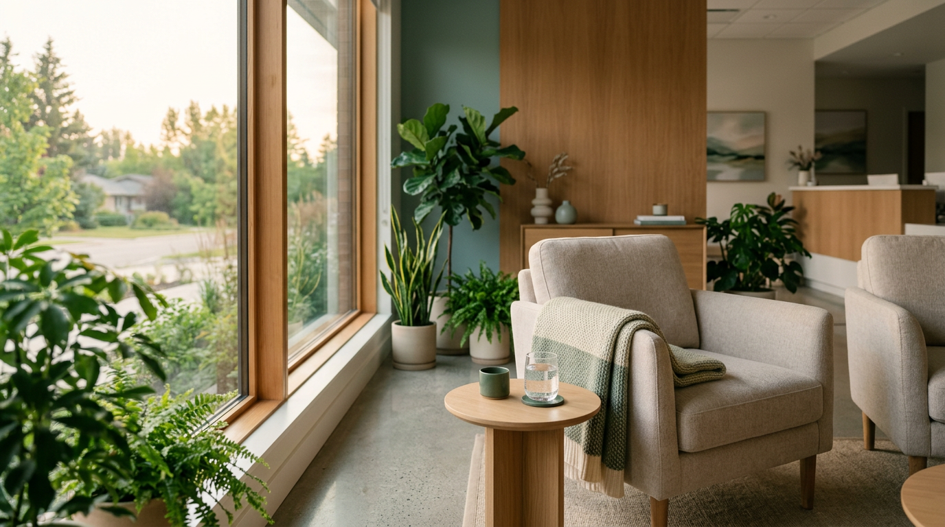 Calm Ontario clinic waiting area representing safe alcohol withdrawal recovery