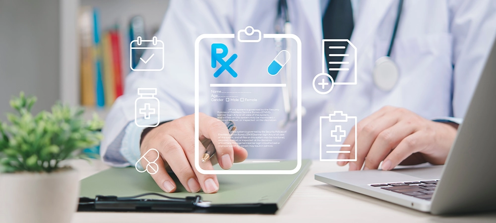 Medical prescription technology concept. Doctor check patient record, digital EHR. Virtual screen online pharmacy service. Healthcare innovation, future medicine, appointment, data.