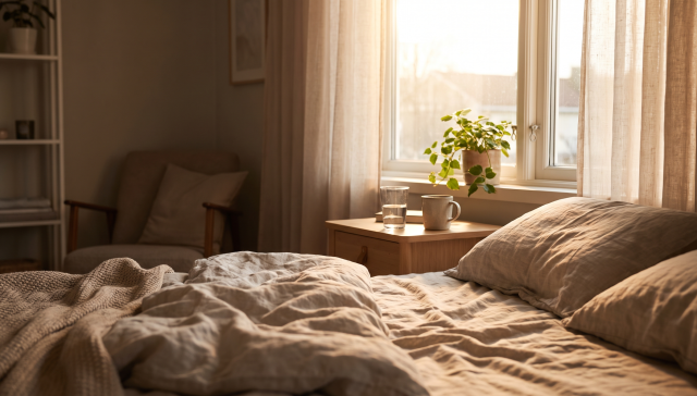 Calm sunlit bedroom at sunrise representing rest and recovery during Adderall withdrawal