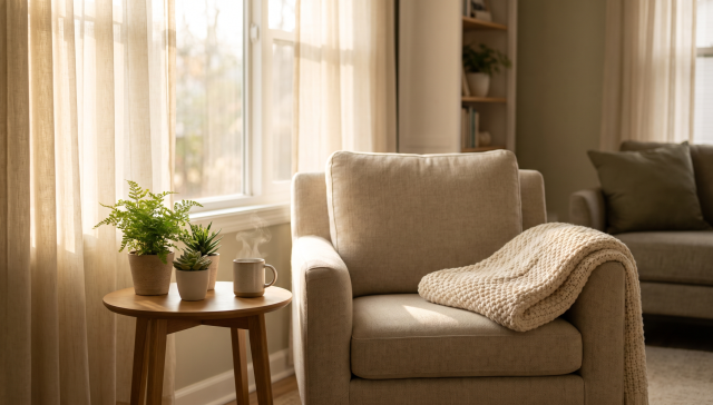 A calm, sunlit room with a cozy chair and tea, representing safe recovery from benzodiazepine withdrawal