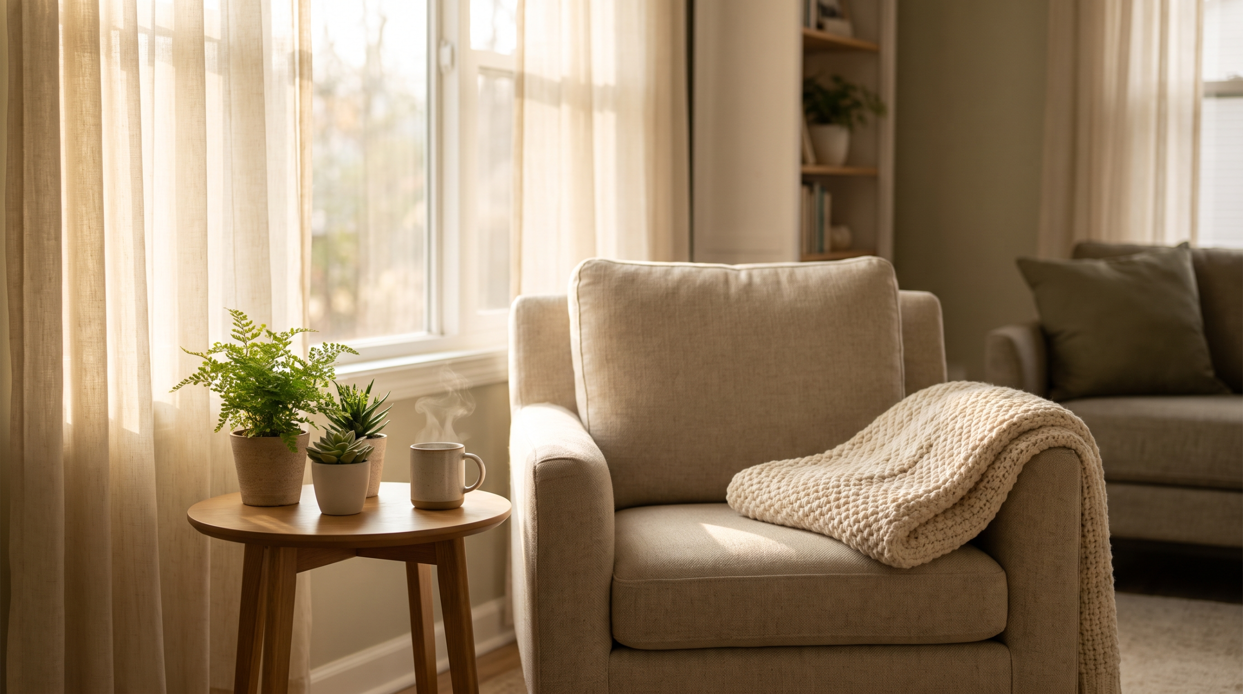 A calm, sunlit room with a cozy chair and tea, representing safe recovery from benzodiazepine withdrawal