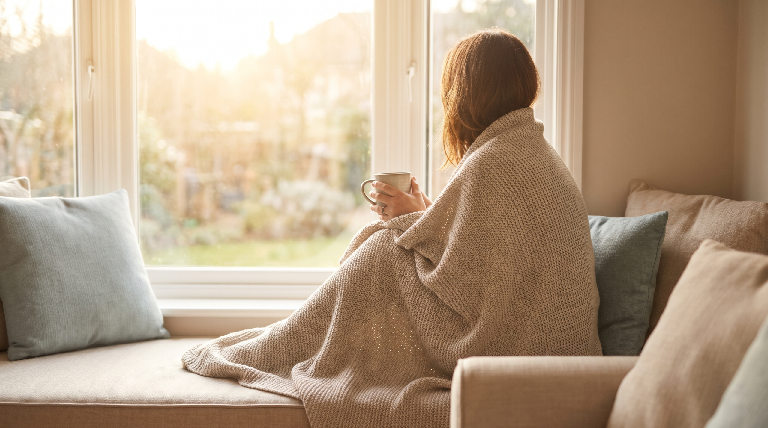 Person in early cocaine withdrawal recovery resting calmly by a window in Ontario